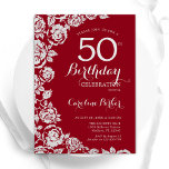 Convites Rosas Elegante Red Silver 50ª Festa de aniversário<br><div class="desc">Floral vermelho prateado 50º convite de aniversário. Design elegante com rosas,  folha de falso prata e letra de script de tipografia. A Trendy convida o cartão perfeito para uma festa de na moda. Pode ser personalizado para qualquer idade. Impressos convites Zazzle ou modelo de impressão digital instantânea para download.</div>