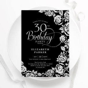 Convites Rosas Elegantes aniversário de 30 anos Black Silve