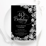 Convites Rosas Elegantes aniversário de 40 anos Black Silve<br><div class="desc">Convite de festas floral de prata preta. Design elegante com rosas, folha de falso prata e letra de script de tipografia. A Trendy convida o cartão perfeito para uma festa de na moda. Pode ser personalizado para qualquer idade. Personalize com seus próprios detalhes. Impressos convites Zazzle ou modelo de impressão...</div>