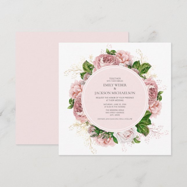 Convites Rosas Elegantes Bege Flores Brancas Casamento (Frente/Verso)