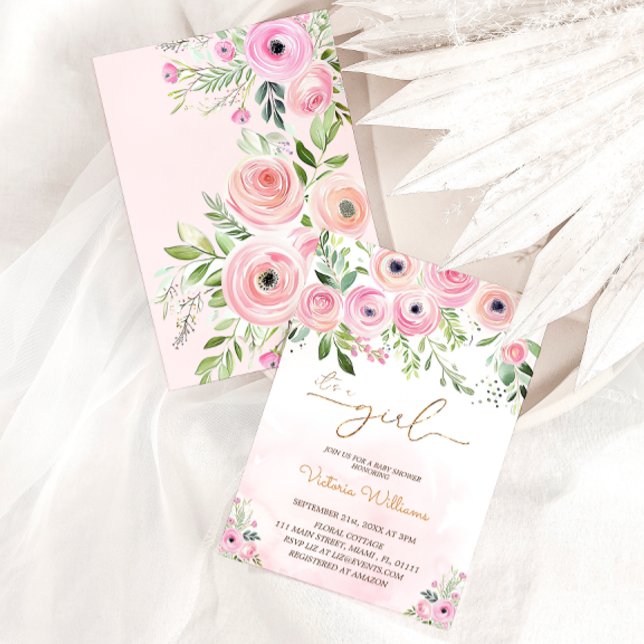 Convites Rosas Elegantes Blush Dourado Baby Girl Chá (Criador carregado)