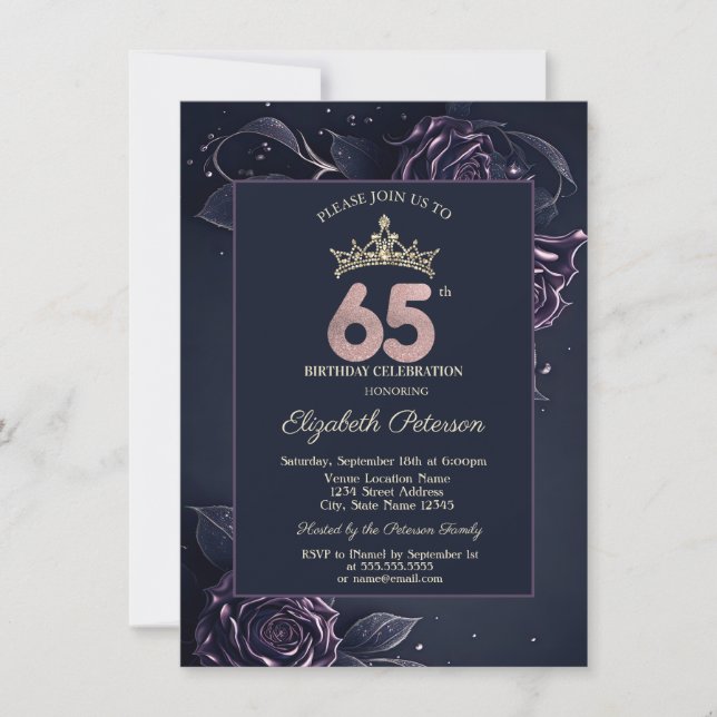 Convites Rosas Elegantes Dark Gothic 65º Aniversário (Frente)