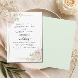Convites Rosas Elegantes de Blush Suave Moldura Dourada Cas