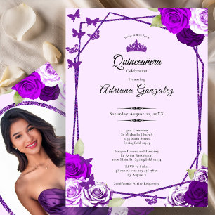 Convites Rosas Elegantes e Coroa Roxa Quinceanera