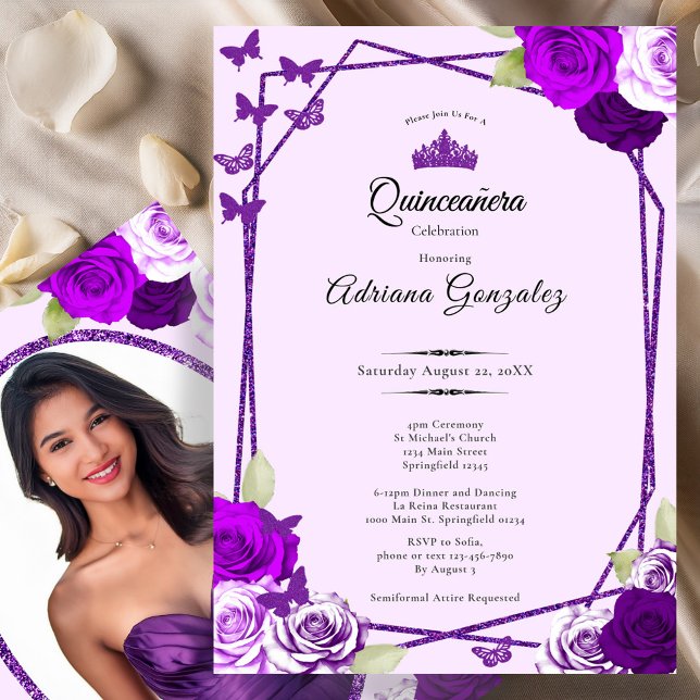 Convites Rosas Elegantes e Coroa Roxa Quinceanera  (Criador carregado)