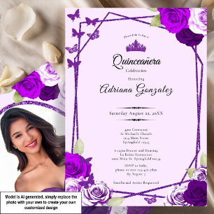 Convites Rosas Elegantes e Coroa Roxa Quinceanera