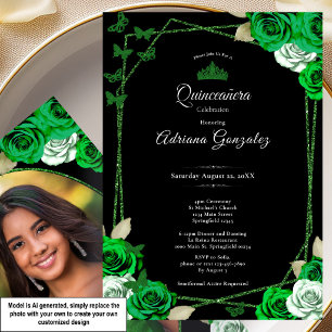 Convites Rosas Elegantes e Coroa Verde Quinceanera