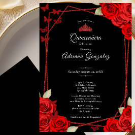 Convites Rosas Elegantes e Coroa Vermelha Quinceanera