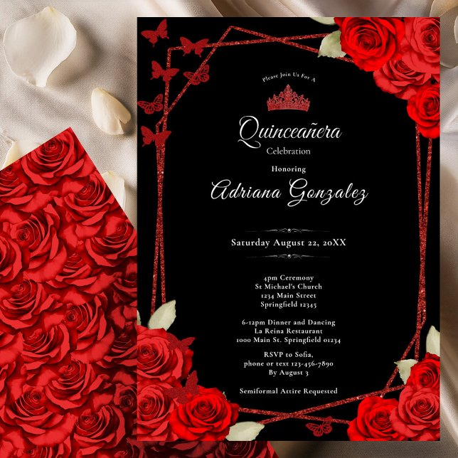 Convites Rosas Elegantes e Coroa Vermelha Quinceanera  (Criador carregado)