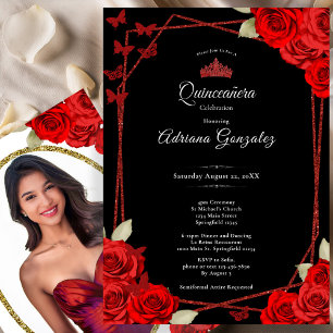 Convites Rosas Elegantes e Coroa Vermelha Quinceanera