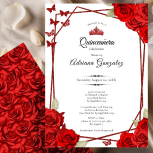 Convites Rosas Elegantes e Coroa Vermelha Quinceanera 