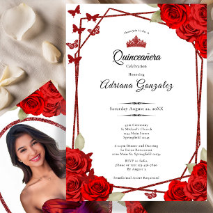 Convites Rosas Elegantes e Coroa Vermelha Quinceanera