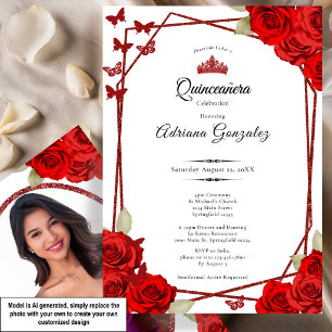 Convites Rosas Elegantes e Coroa Vermelha Quinceanera 