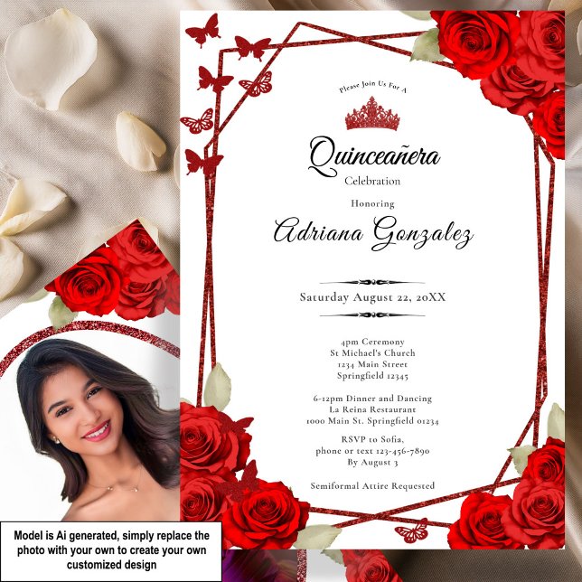 Convites Rosas Elegantes e Coroa Vermelha Quinceanera  (Criador carregado)