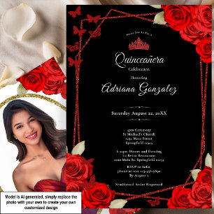 Convites Rosas Elegantes e Coroa Vermelha Quinceanera 