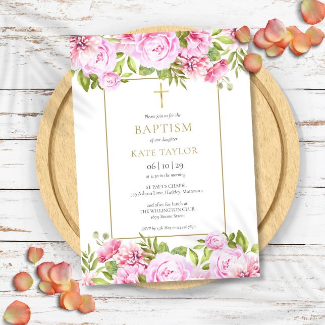 Convites Rosas Elegantes Florais Batismo Batizado (Elegant Roses Floral Baptism Christening Invitation)