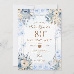 Convites Rosas Elegantes Prata e Azul Empoeirado 80º Aniver