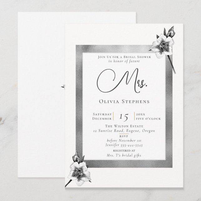 Convites Rosas Elegantes Silver Natal Futuro Sra. Chá (Frente/Verso)