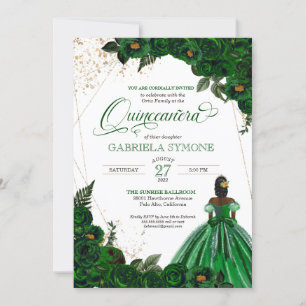 Convites Rosas Elegantes Verde Afrolatina Quinceanera