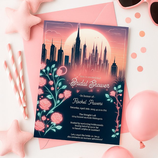 Convites Rosas Elétricos Chá de panela Neon Futurístico (Electric Roses Futuristic Neon Bridal Shower Invitation
)