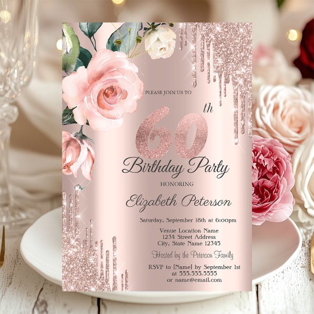 Convites Rosas em Aquarela com Brilho Pingando Aniversário  (Criador carregado)