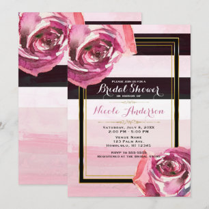 Convites Rosas em Aquarela Rosa Listras Pretas e Brancas Mo