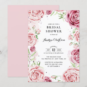 Convites Rosas em Aquarela Rosa Moldura Chá de Bebê de Noiv