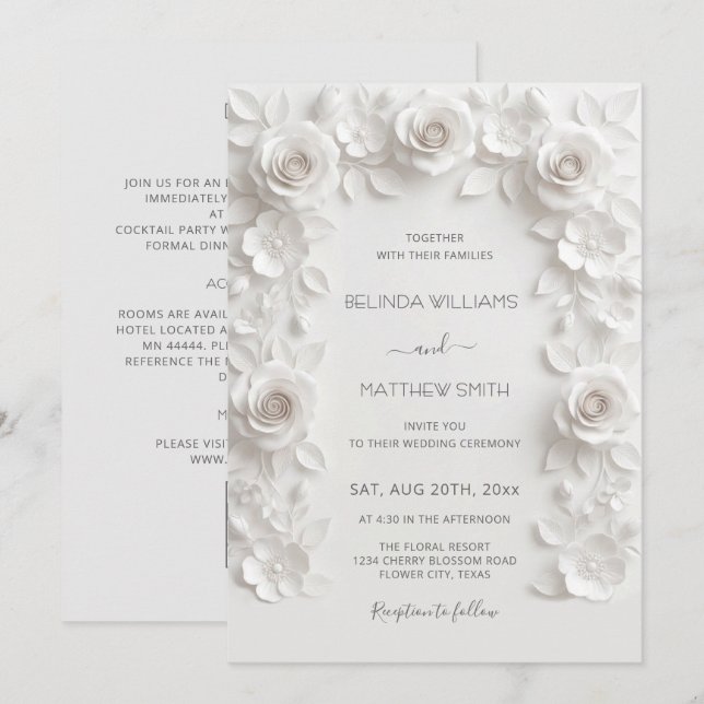 Convites Rosas em Relevo Falso Branco Quadro Tudo-em-Um (Frente/Verso)
