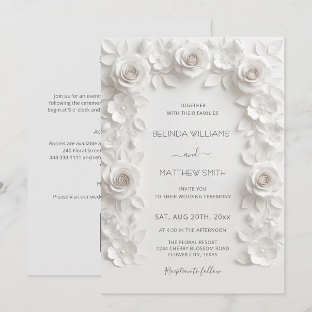 Convites Rosas em Relevo Falso Branco Quadro Tudo-em-Um (Frente/Verso)
