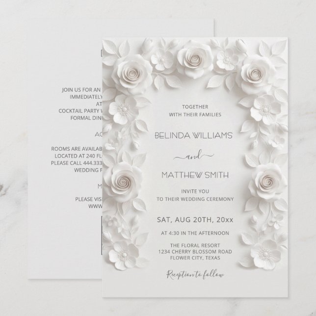 Convites Rosas em Relevo Falso Branco Quadro Tudo-em-Um (Frente/Verso)