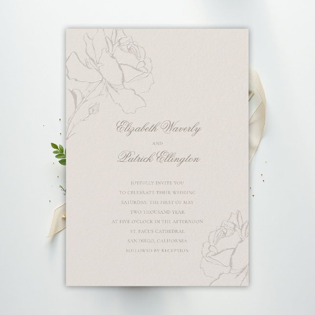 Convites Rosas Em Relevo Falso Ecru Casamento Clássico Form (ethereal wedding theme ecru invitation formal traditional modern classic floral roses elegant)