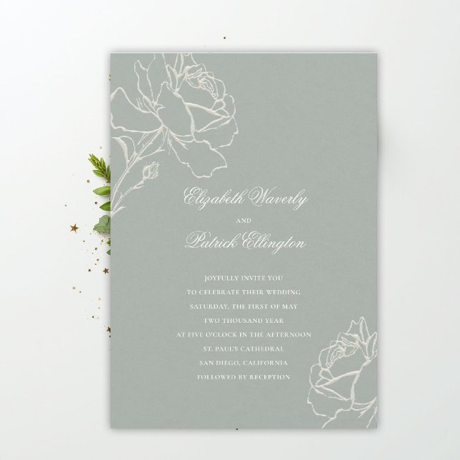Convites Rosas Em Relevo Falso Verde Sage Casamento Clássic (sage green wedding theme invitation formal traditional modern classic floral elegant roses)