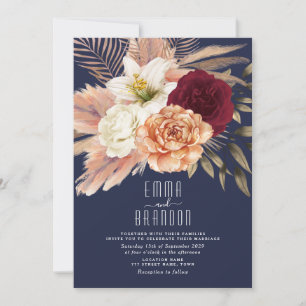 Convites Rosas em tons de pêssego, floral bordô e azul mari