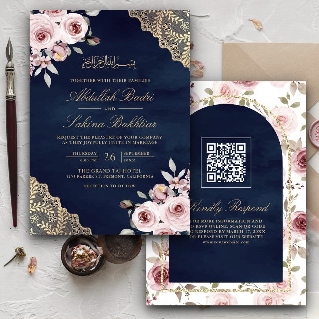 Convites Rosas Empoeiradas Renda Dourada Código QR Casament (Criador carregado)