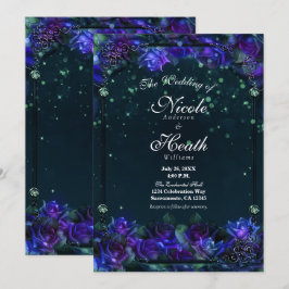 Convites Rosas Encantadas de Jardim com Brilho Roxo e Verde
