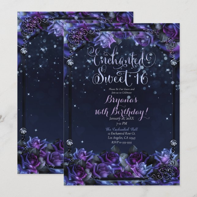 Convites Rosas Enchanted Purple Fantasy 16º Festa Sweet 16 (Frente/Verso)