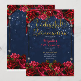 Convites Rosas Enfeitiçadas Azul Marinho & Dourado Quinceañ