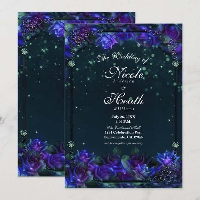Convites Rosas Enfeitiçadas de Casamento com Brilho Verde R (Frente/Verso)