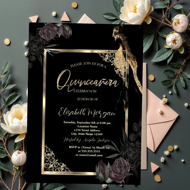Convites Rosas Escuras Chic com Moldura Dourada para Festa  (Criador carregado)