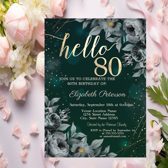 Convites Rosas Escuras Verde 80º Aniversário (Criador carregado)