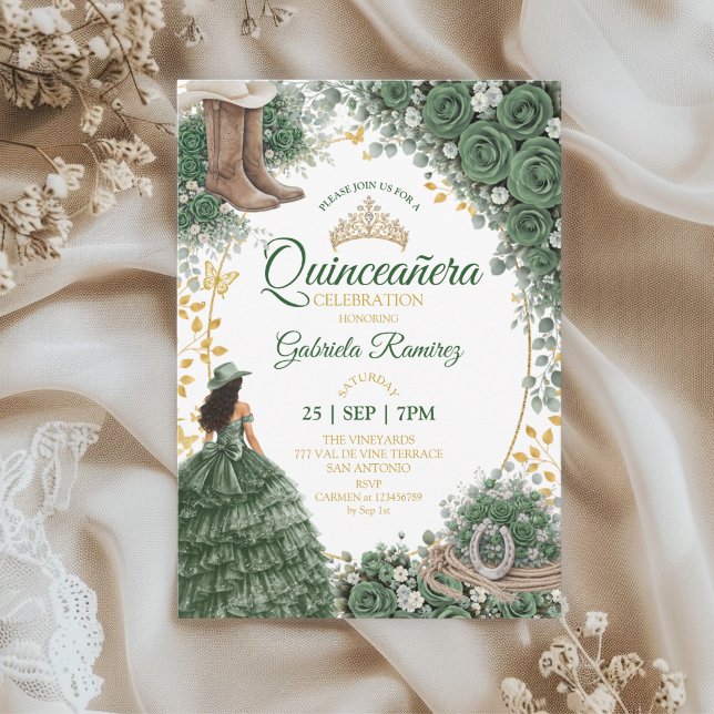 Convites Rosas Esmeralda Verde Ocidental Quinceañera Countr (Criador carregado)