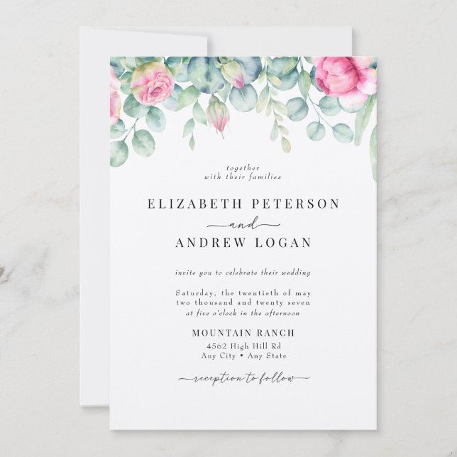 Convites Rosas Eucalyptus | Boho Greenery Casamento Elegant (Frente)