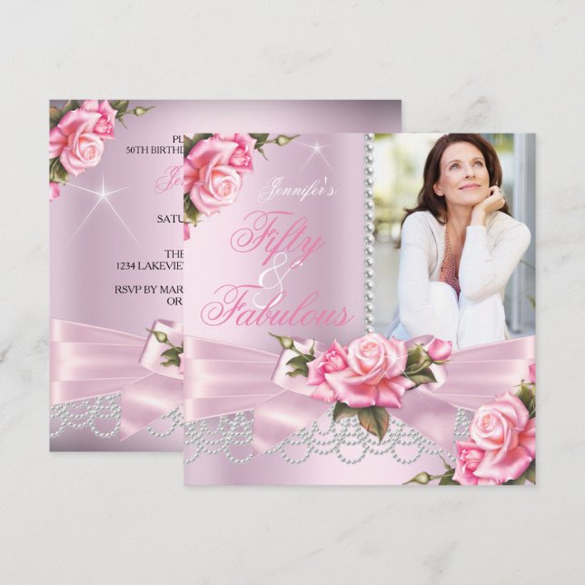 Convites Rosas Fabulosas 50 Pérolas Arco Rosa Foto Aniversá (Frente/Verso)
