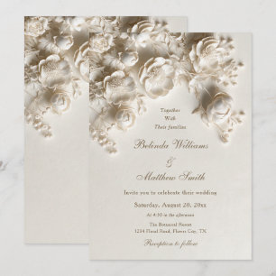 Convites Rosas Florais 3D Esculpidas Creme Marfim Casamento