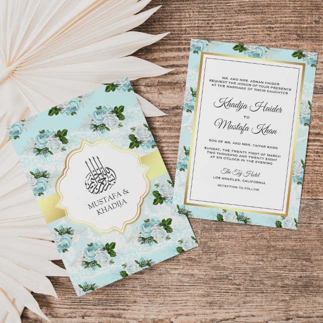 Convites Rosas Florais Azuis e Brancas Casamento Muçulmano (Criador carregado)