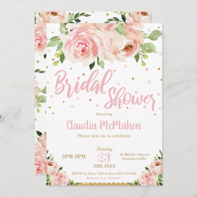 Convites Rosas Florais Blush Chá de panela Rosa e Dourado (Frente/Verso)