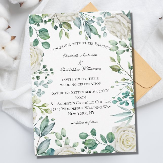 Convites Rosas Florais Brancas Eucalipto Botânico Casamento (Criador carregado)