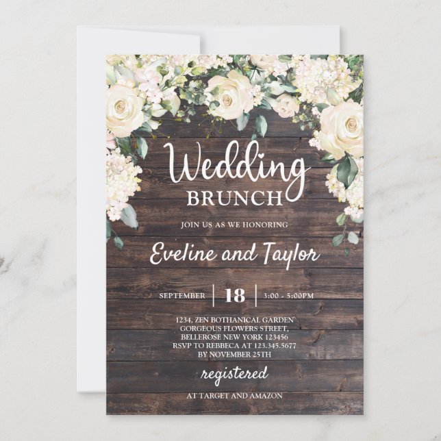 Convites Rosas florais brancos de madeiras rústicas elegant (Frente)