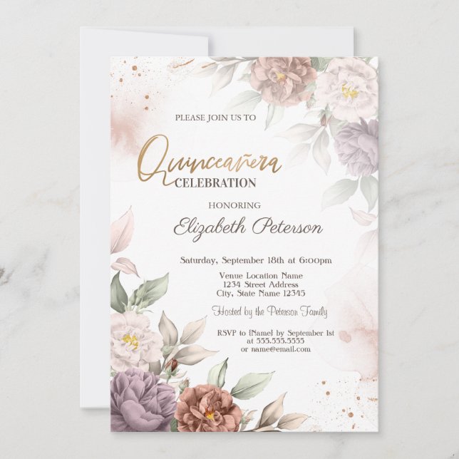 Convites Rosas Florais Chic Boho Quinceañera (Frente)