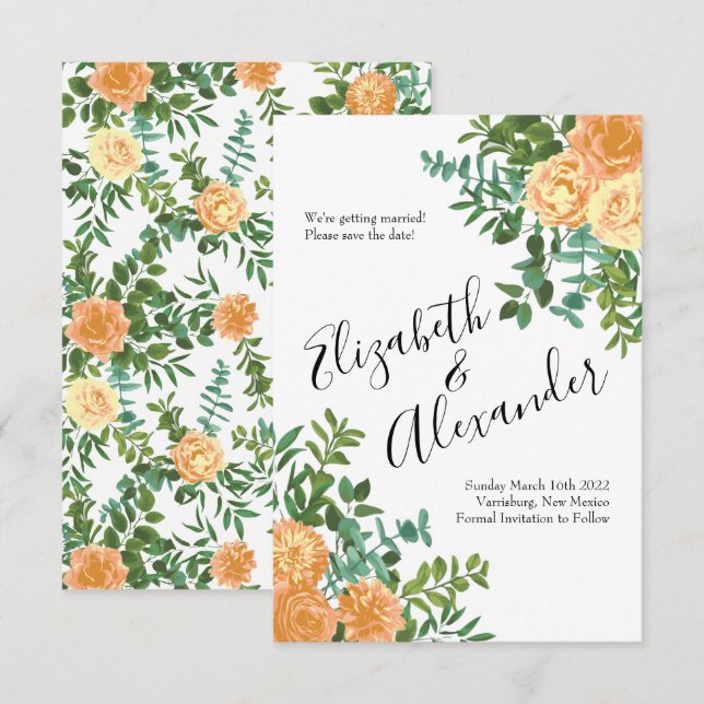 Convites Rosas Florais Clássicas de Casamento Peach (Frente/Verso)